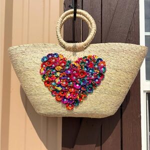 Floral Heart Straw Tote Bag